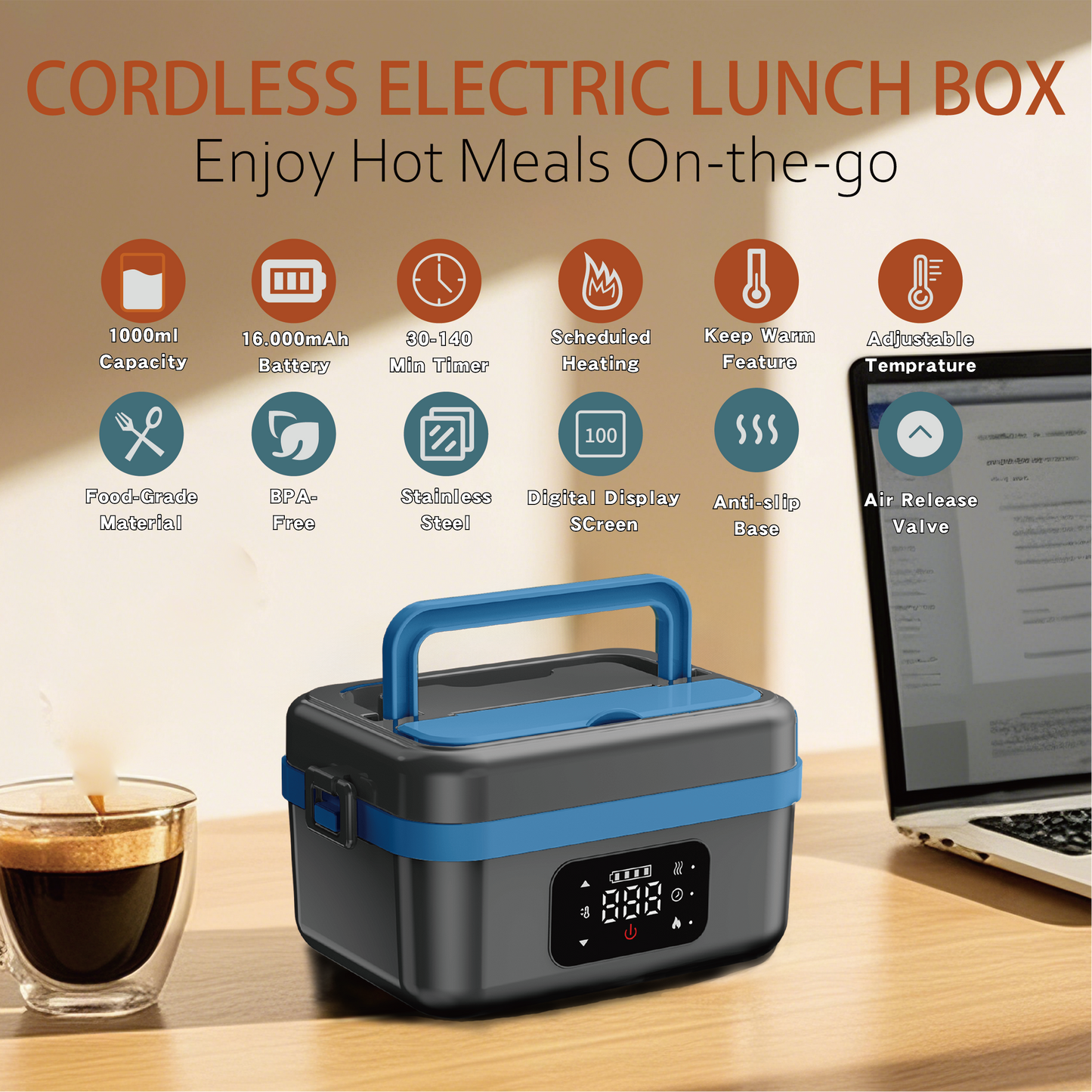 Efun Cordless Electric Lunch Box for Adults, 16000mAh Rechargeable Auto Heated Lunch Box, 1L Portable Self-Heating Food Warmer for Office, Picnic, Car & Outdoor Use