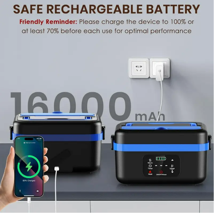 Efun Cordless Electric Lunch Box for Adults, 16000mAh Rechargeable Auto Heated Lunch Box, 1L Portable Self-Heating Food Warmer for Office, Picnic, Car & Outdoor Use